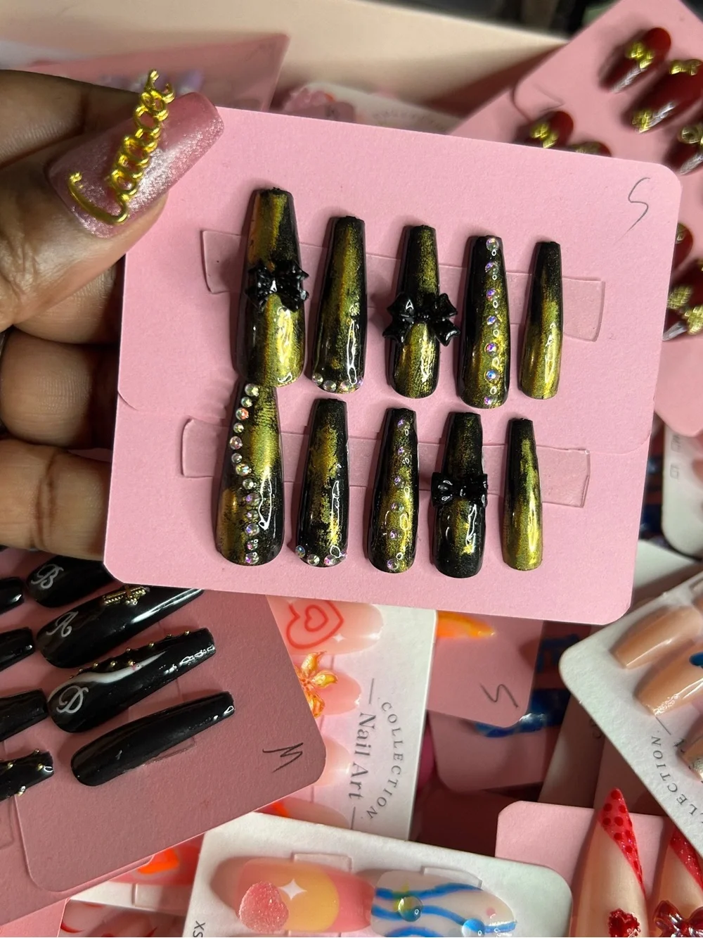 Gold & Black Rhinestone Sculpted Press-On Nails - Women Makeup Blush